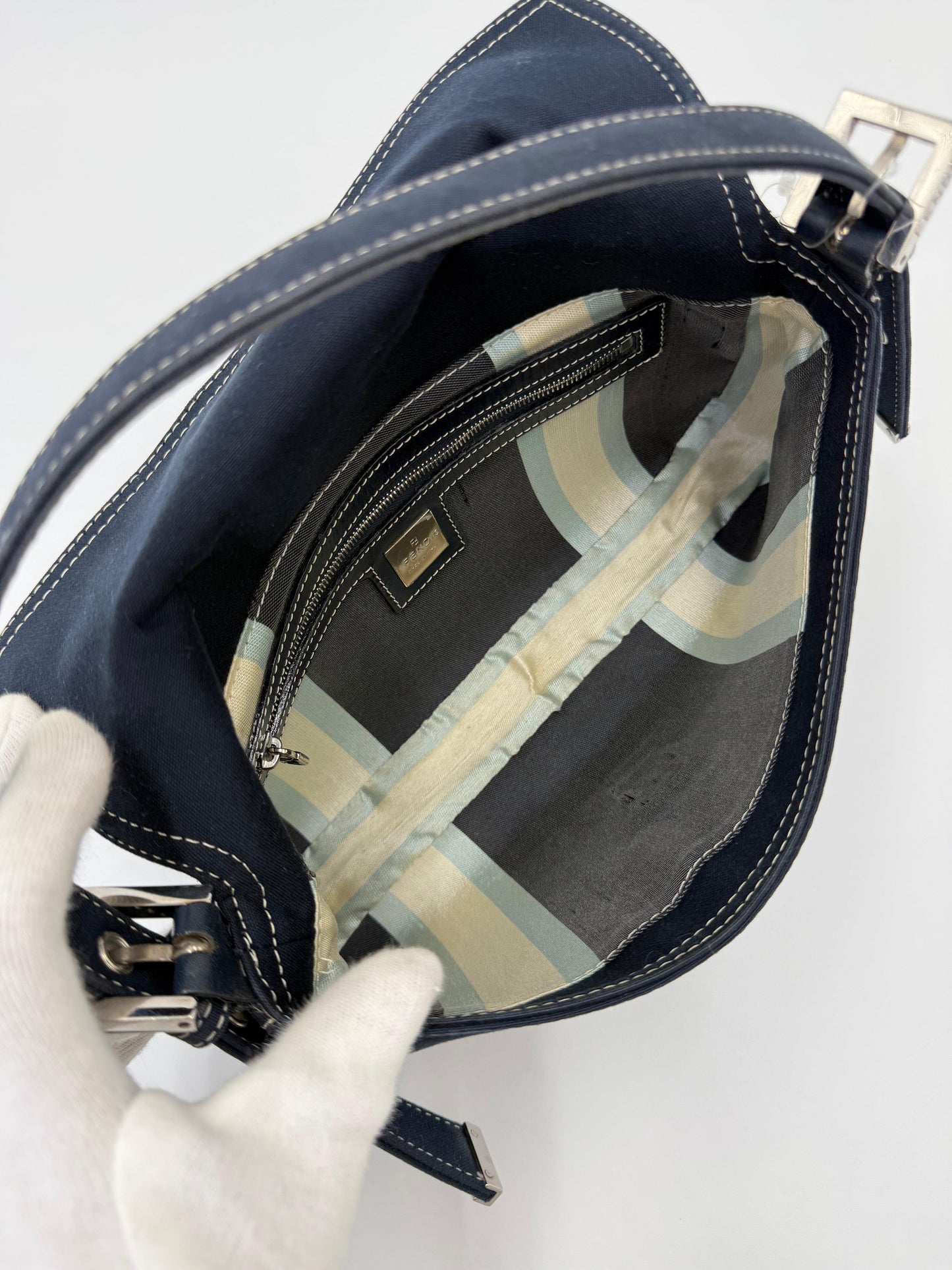 Fendi Vintage Navy Blue Denim Baguette Bag with Contrast Stitching