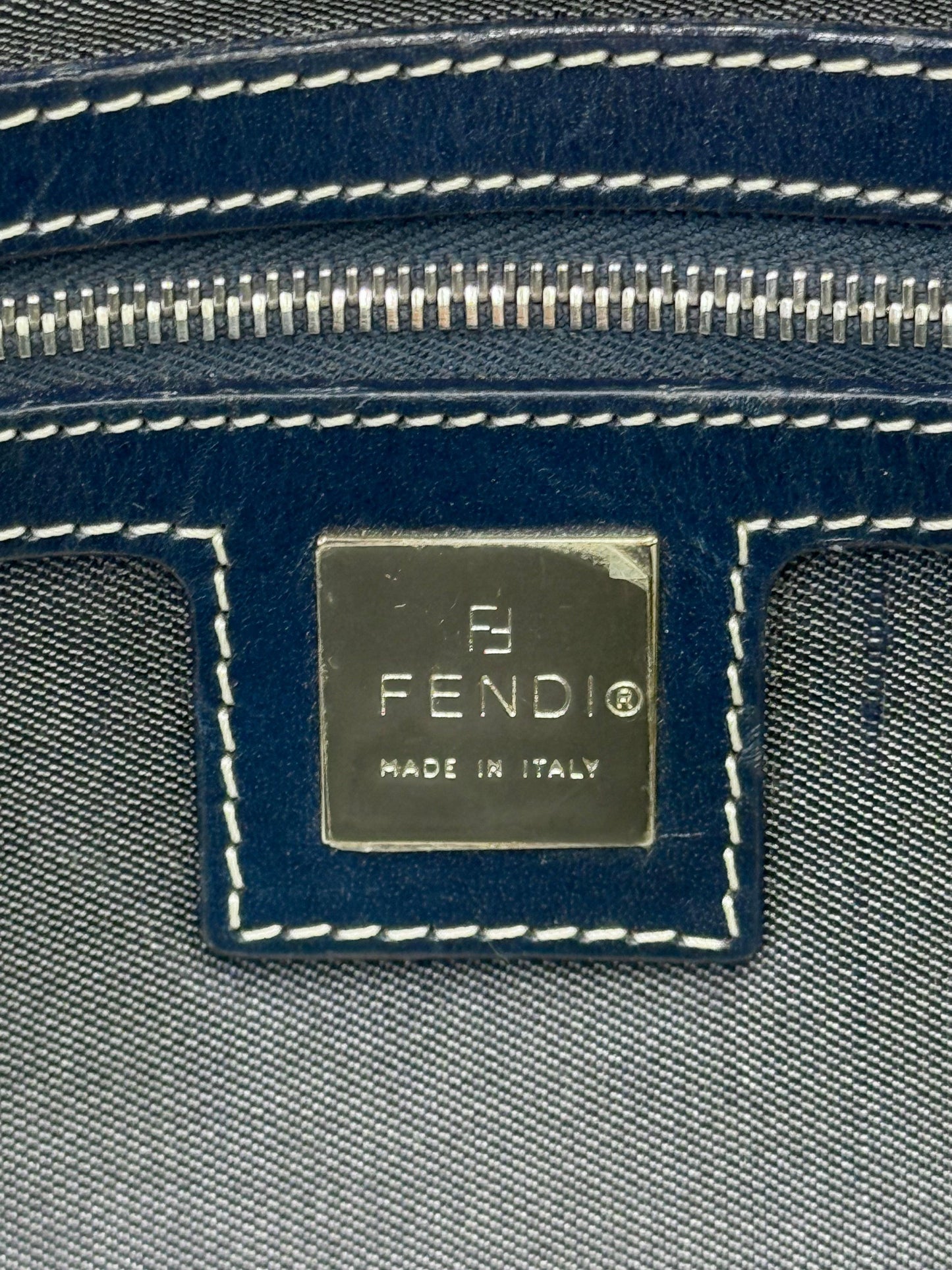 Fendi Vintage Navy Blue Denim Baguette Bag with Contrast Stitching