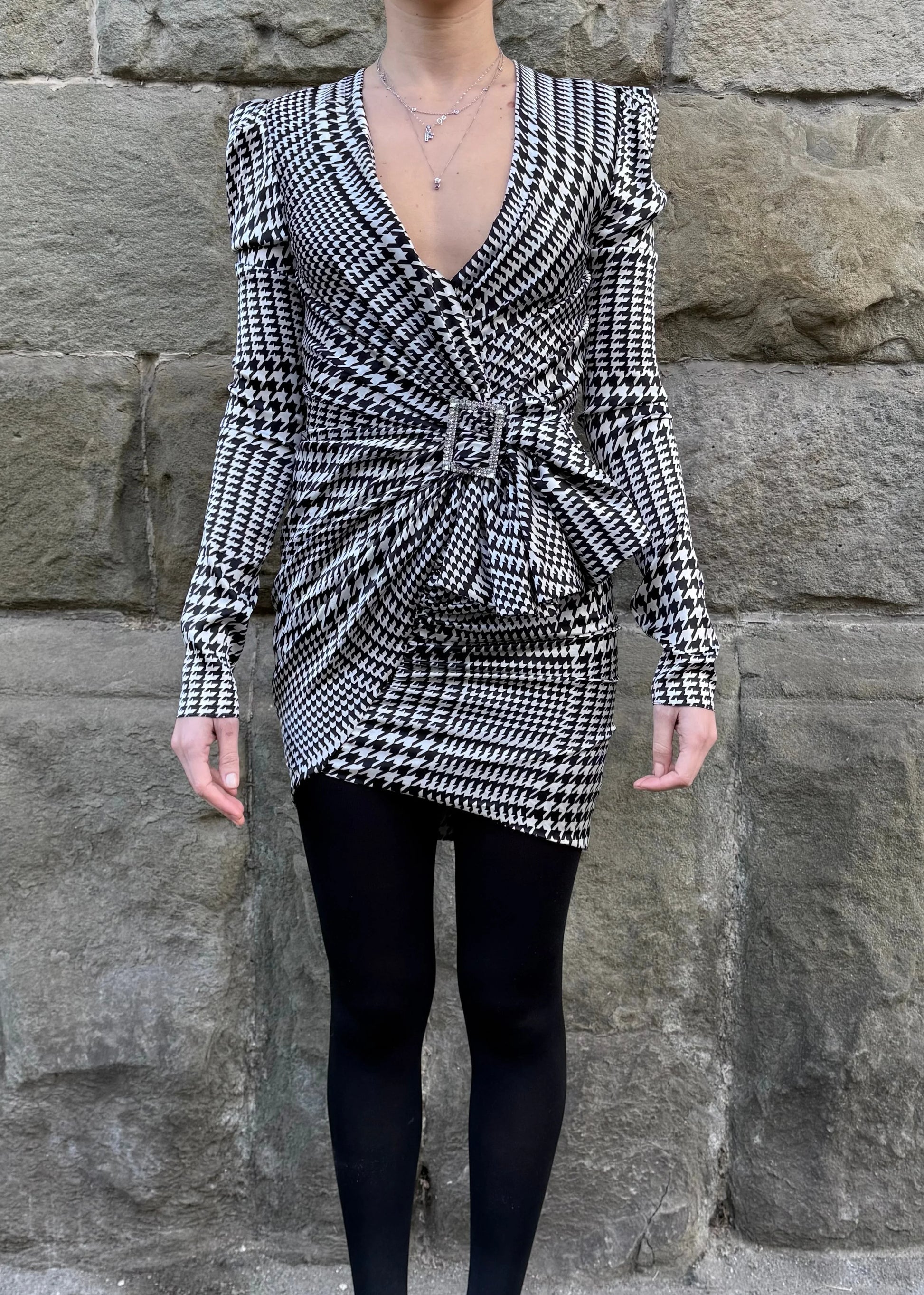 Alexandre-Vauthier-Mini-Abito-Drappeggiato-in-Seta-Pied-de-Poule-Bianco-e-Nero-70113672102212 - Pally Vintage Closet