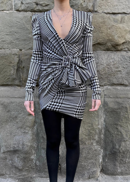 Alexandre-Vauthier-Mini-Abito-Drappeggiato-in-Seta-Pied-de-Poule-Bianco-e-Nero-70113672102212 - Pally Vintage Closet