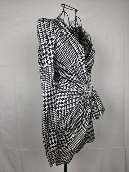 Alexandre-Vauthier-Mini-Abito-Drappeggiato-in-Seta-Pied-de-Poule-Bianco-e-Nero-70134089154884 - Pally Vintage Closet