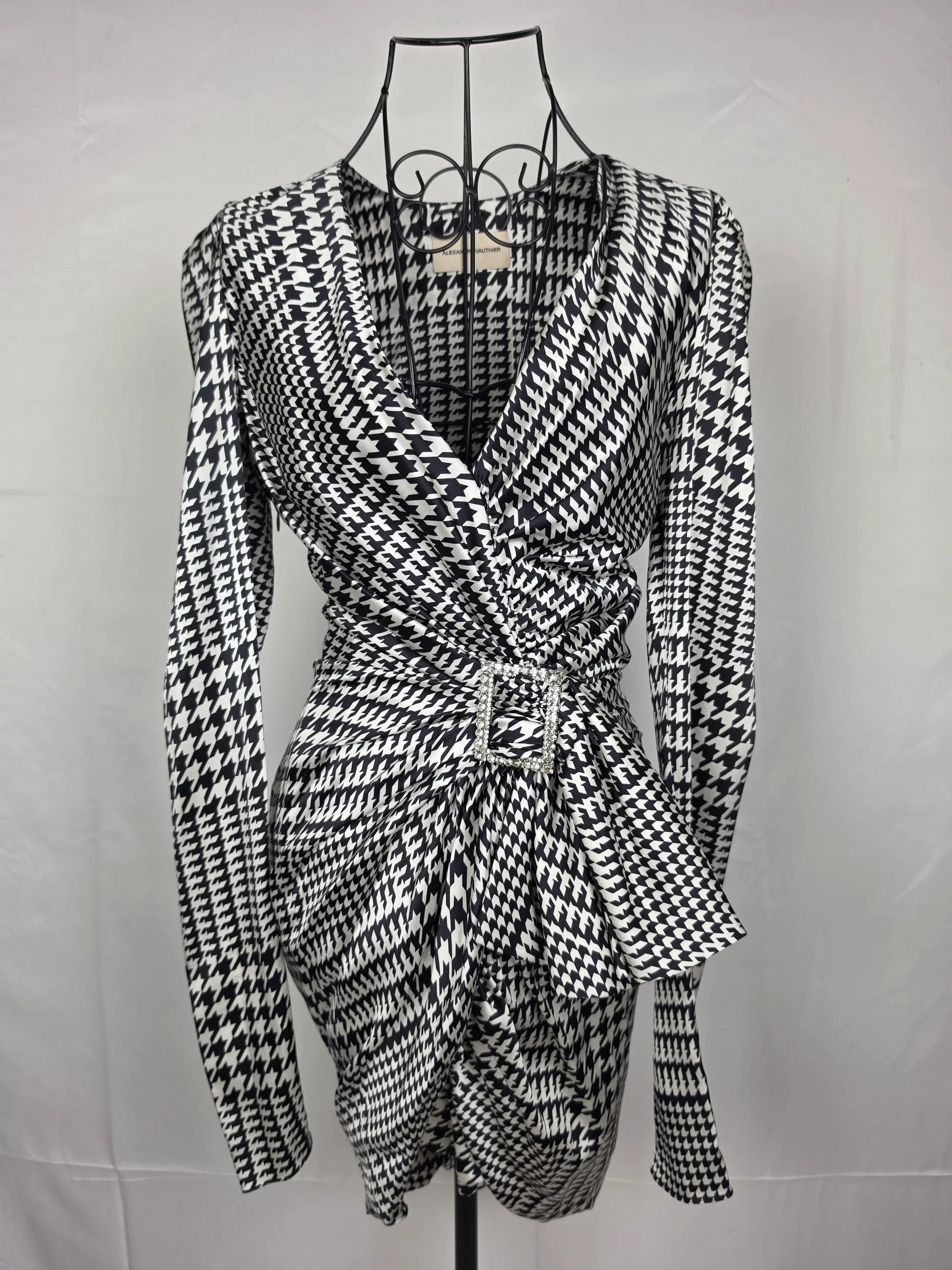 Alexandre-Vauthier-Mini-Abito-Drappeggiato-in-Seta-Pied-de-Poule-Bianco-e-Nero-70134089187652 - Pally Vintage Closet