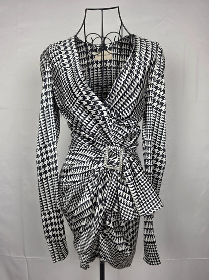 Alexandre-Vauthier-Mini-Abito-Drappeggiato-in-Seta-Pied-de-Poule-Bianco-e-Nero-70134089187652 - Pally Vintage Closet