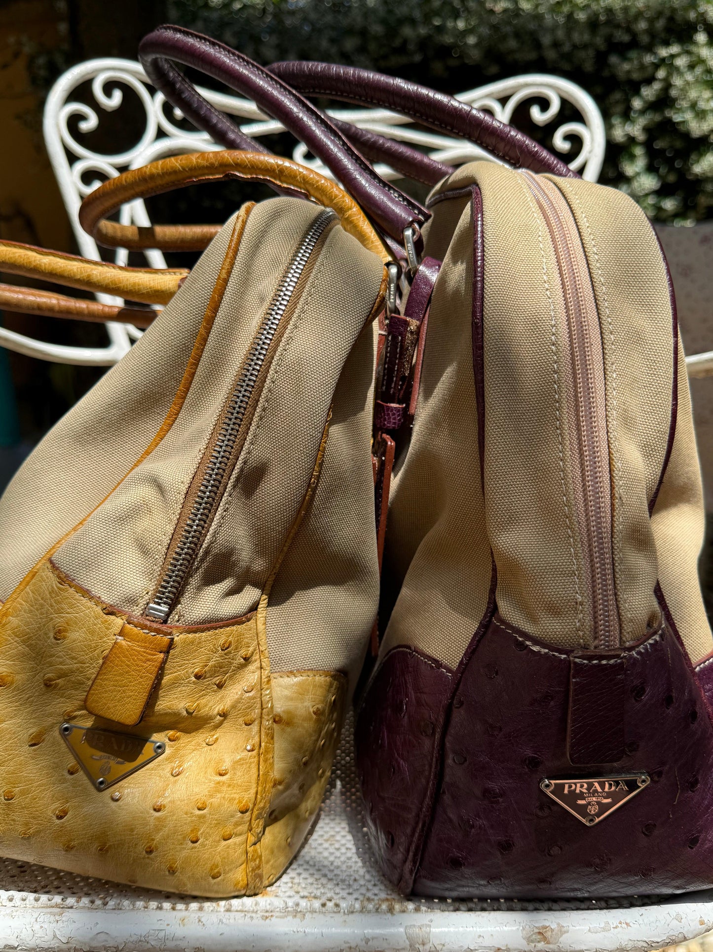 Prada Vintage Canvas and Ostrich Leather Satchel Bag in Purple