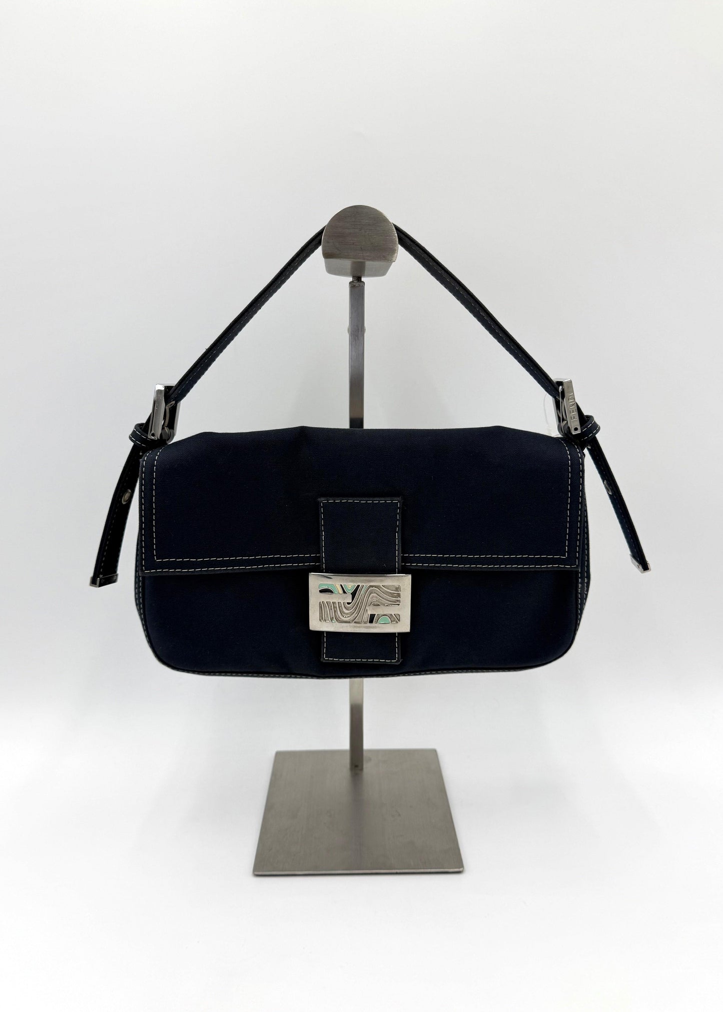 Fendi Vintage Navy Blue Denim Baguette Bag with Contrast Stitching
