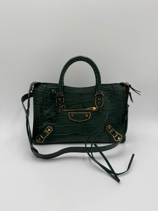 Balenciaga Borsa City in Pelle Stampa Coccodrillo Verde - Pally Vintage Closet