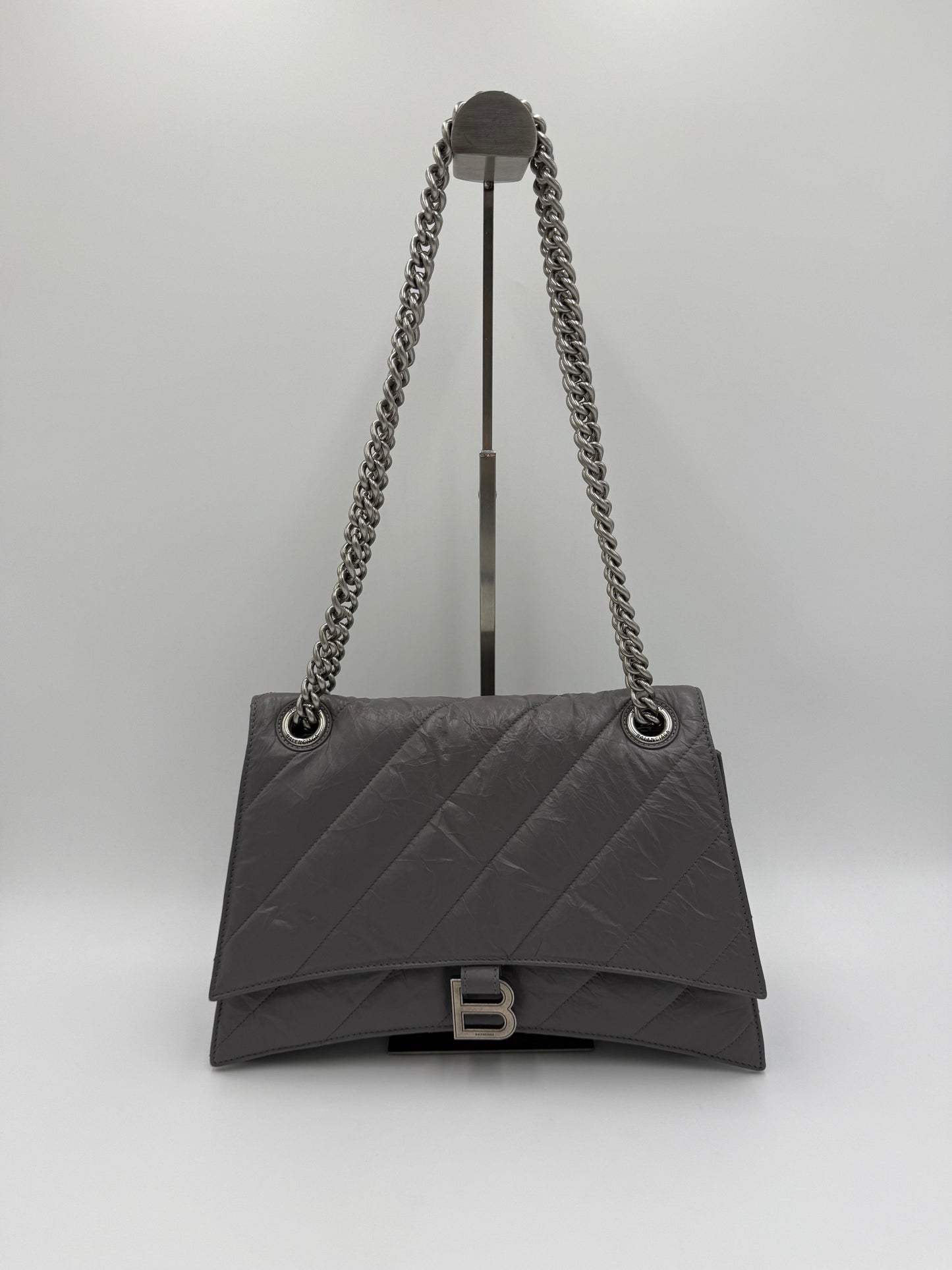Balenciaga-Borsa-a-Spalla-Crush-Medium-in-Pelle-Stropicciata-Lucida-Grigia-70563812704580 - Pally Vintage Closet