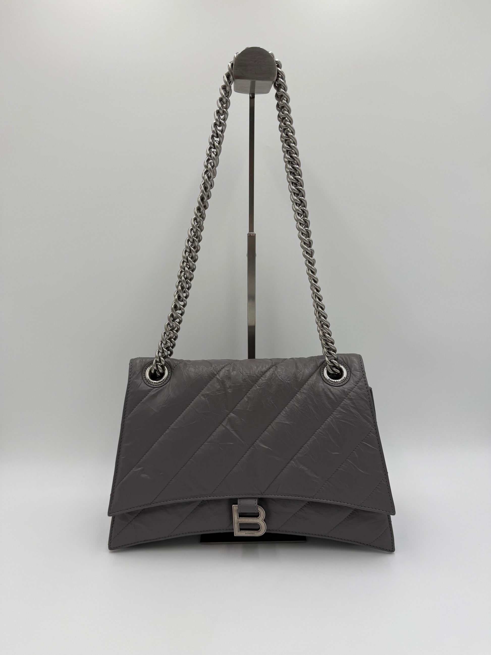Balenciaga-Borsa-a-Spalla-Crush-Medium-in-Pelle-Stropicciata-Lucida-Grigia-70563812704580 - Pally Vintage Closet