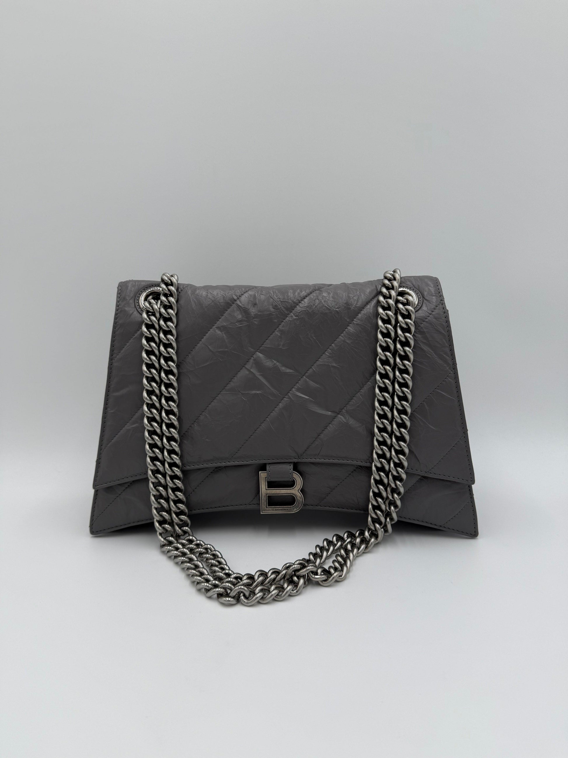 Balenciaga-Borsa-a-Spalla-Crush-Medium-in-Pelle-Stropicciata-Lucida-Grigia-70563812868420 - Pally Vintage Closet