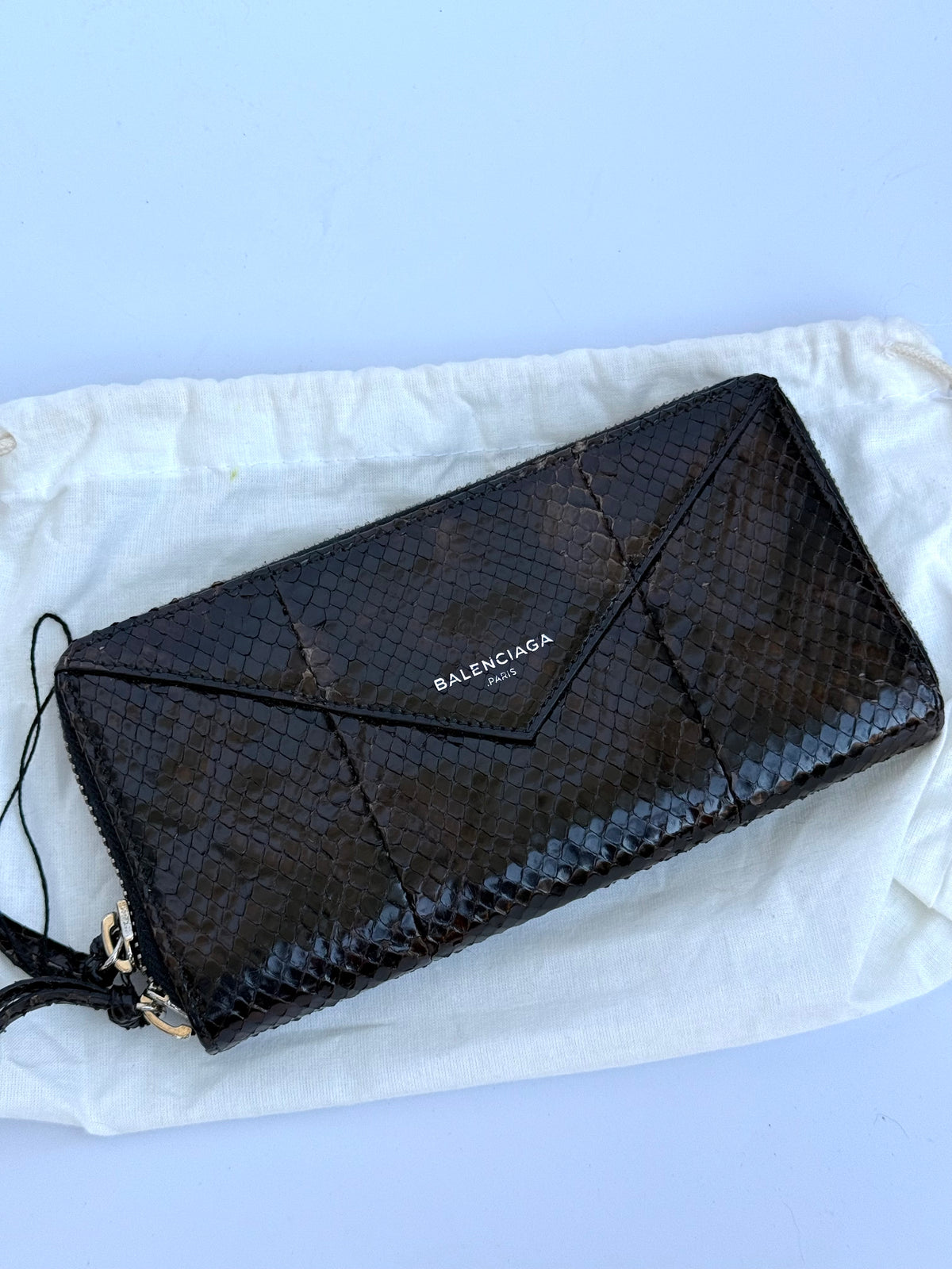 Balenciaga Portafoglio Papier Continental Zip-Around in Pelle di Pitone Marrone Scuro - Pally Vintage Closet