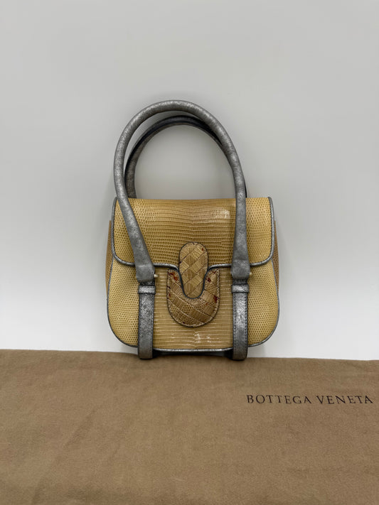 Bottega Veneta Borsa Vintage Top Handle in Lucertola e Pelle Metallizzata Beige - Pally Vintage Closet