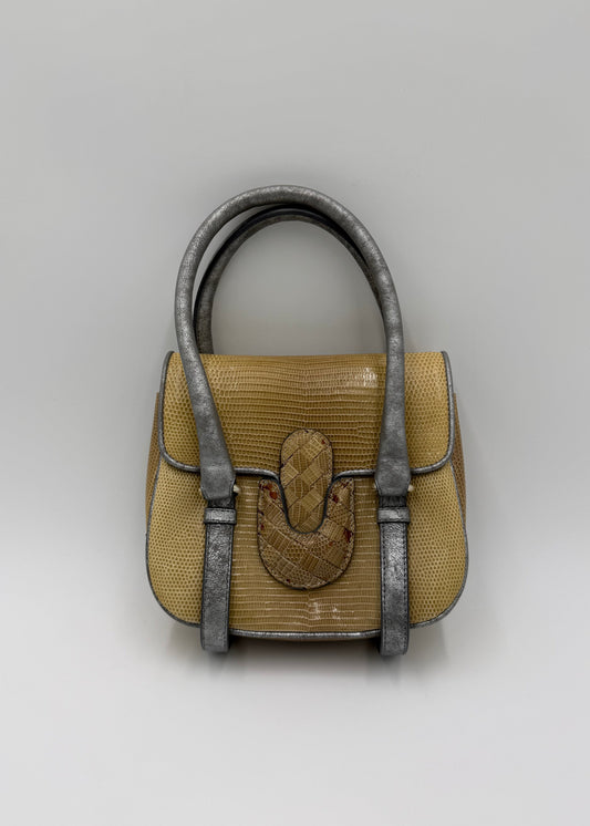 Bottega Veneta Borsa Vintage Top Handle in Lucertola e Pelle Metallizzata Beige - Pally Vintage Closet