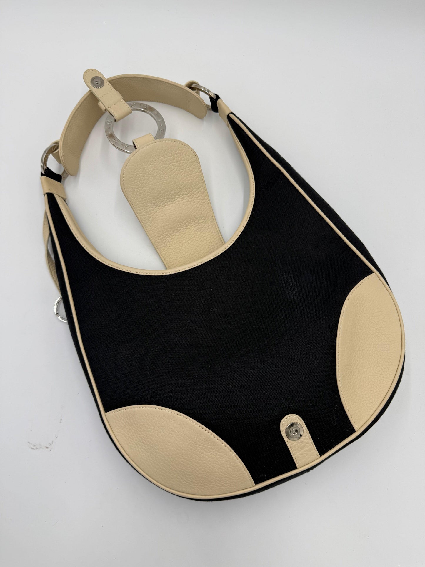 Bulgari Hobo Bag with Logo Ring in Black Canvas and Cream Leather