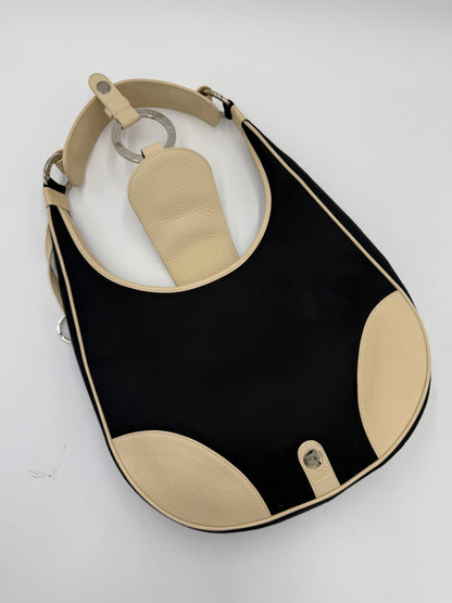 Bulgari Hobo Bag with Logo Ring in Black Canvas and Cream Leather
