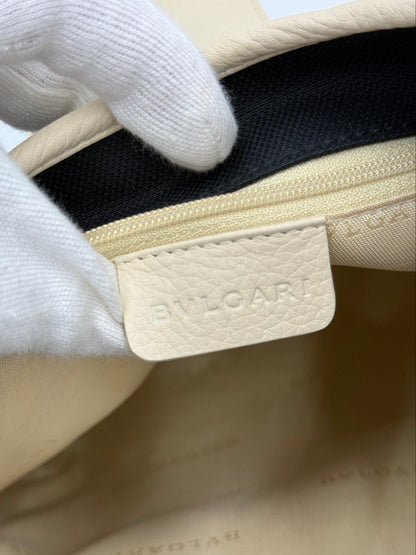 Bulgari Hobo Bag with Logo Ring in Black Canvas and Cream Leather