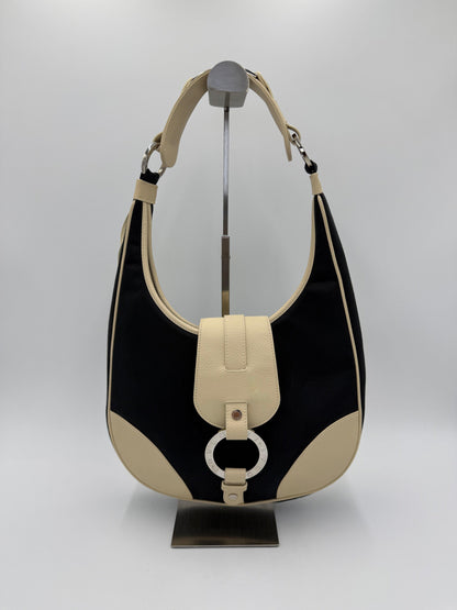 Bulgari Borsa Hobo con Anello Logo in Canvas Nero e Pelle Panna - Pally Vintage Closet
