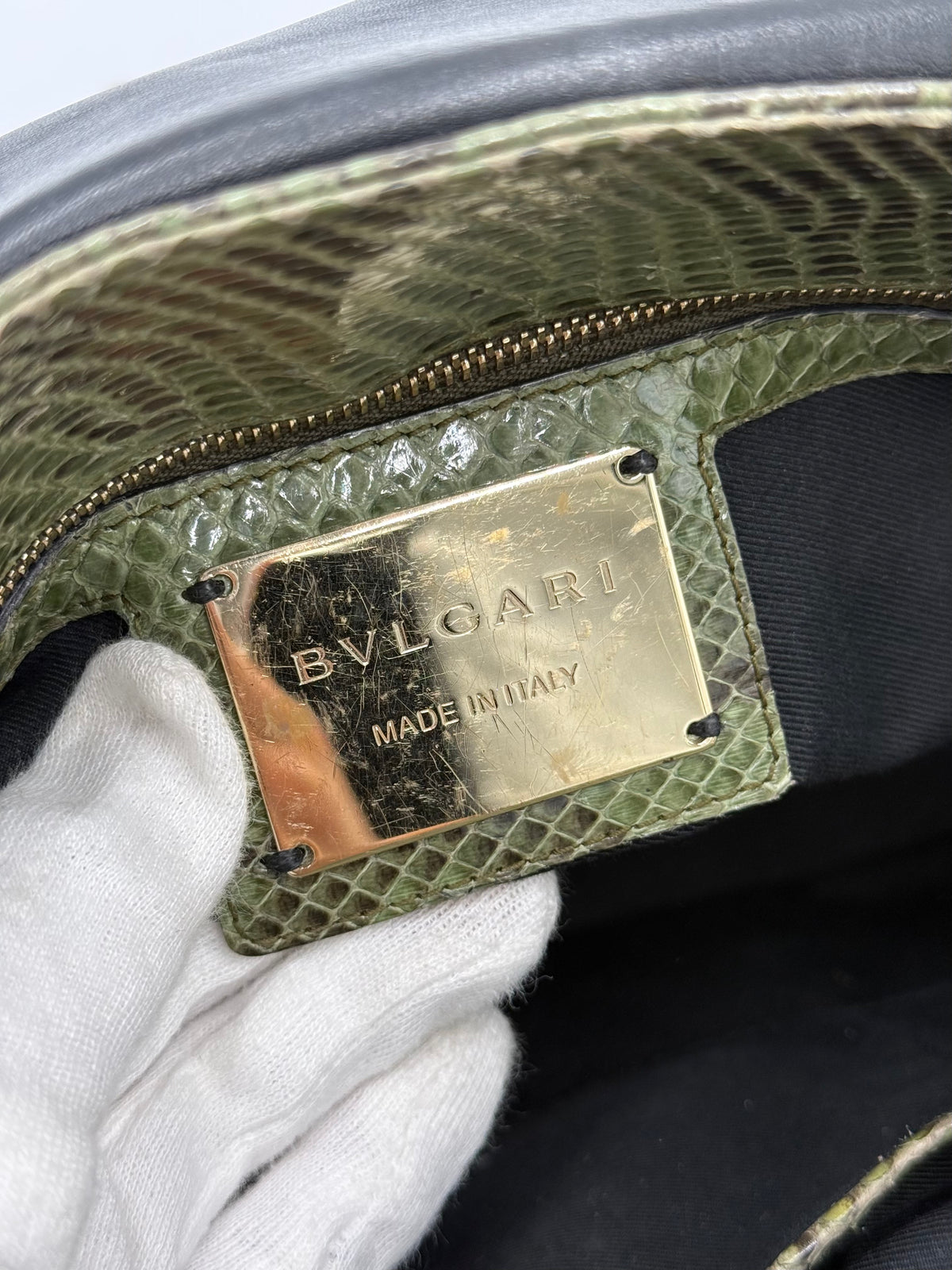Bulgari Borsa a Mano Leoni Flap Bag in Pelle di Pitone Verde Cachi - Pally Vintage Closet