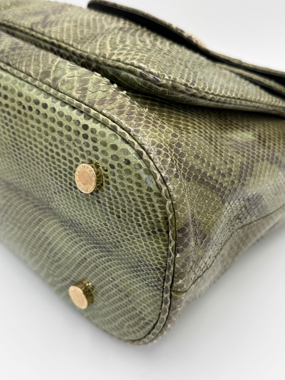 Bulgari Borsa a Mano Leoni Flap Bag in Pelle di Pitone Verde Cachi - Pally Vintage Closet