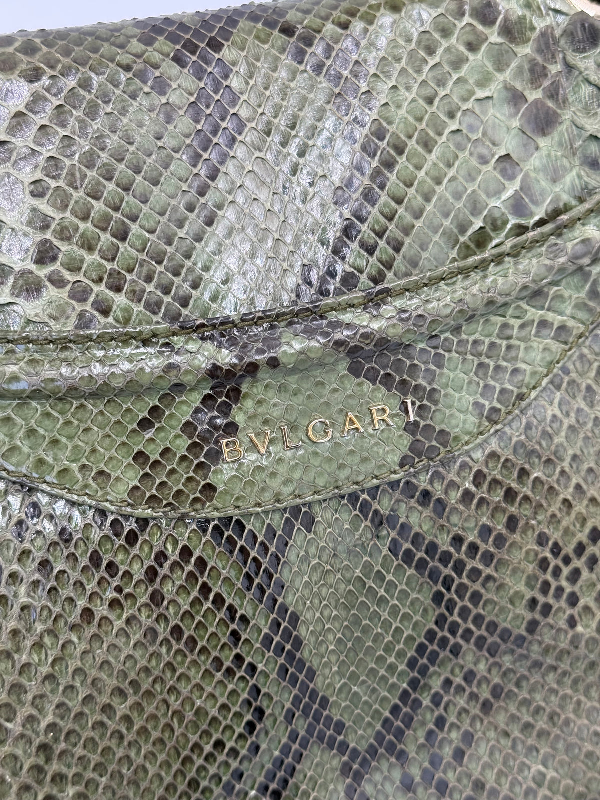 Bulgari Borsa a Mano Leoni Flap Bag in Pelle di Pitone Verde Cachi - Pally Vintage Closet