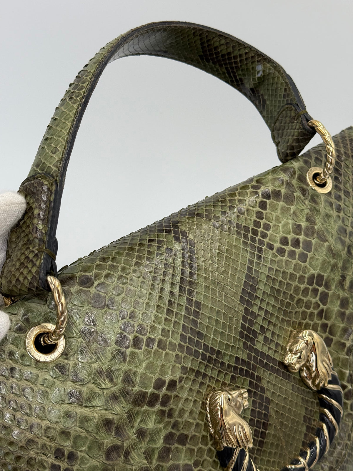 Bulgari Borsa a Mano Leoni Flap Bag in Pelle di Pitone Verde Cachi - Pally Vintage Closet