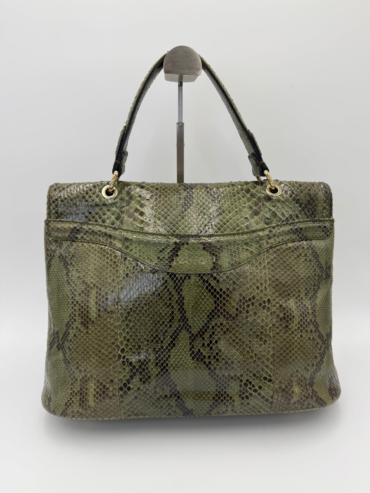 Bulgari Borsa a Mano Leoni Flap Bag in Pelle di Pitone Verde Cachi - Pally Vintage Closet