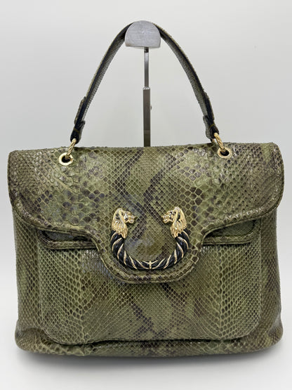 Bulgari Borsa a Mano Leoni Flap Bag in Pelle di Pitone Verde Cachi - Pally Vintage Closet