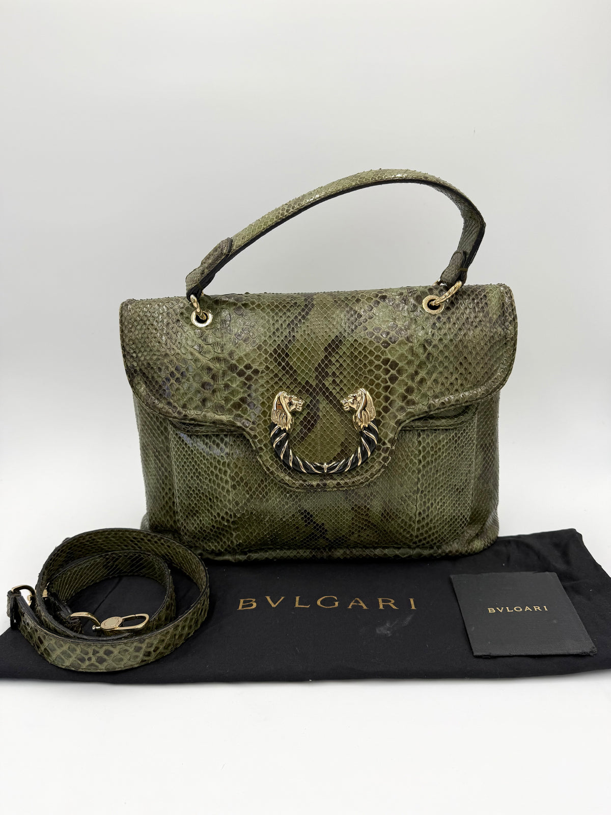 Bulgari Borsa a Mano Leoni Flap Bag in Pelle di Pitone Verde Cachi - Pally Vintage Closet