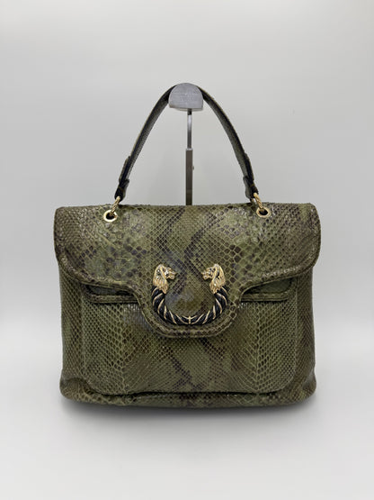 Bulgari Borsa a Mano Leoni Flap Bag in Pelle di Pitone Verde Cachi - Pally Vintage Closet