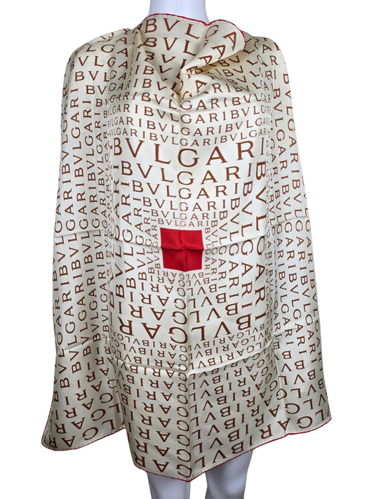 Bulgari Foulard Vintage con Stampa Lettering e Dettagli Rossi Avorio - Pally Vintage Closet