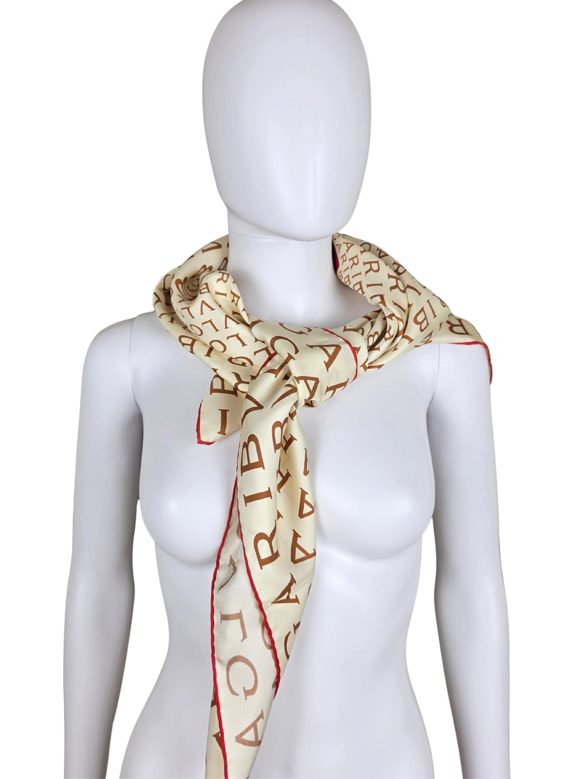 Bulgari Foulard Vintage con Stampa Lettering e Dettagli Rossi Avorio - Pally Vintage Closet