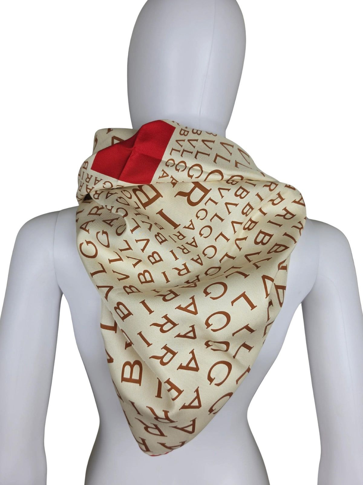 Bulgari Foulard Vintage con Stampa Lettering e Dettagli Rossi Avorio - Pally Vintage Closet