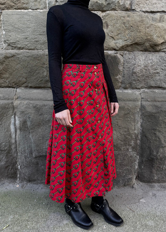 Gucci Gonna a Pieghe con Stampa Equestre Stirrup Midi Rossa - Pally Vintage Closet