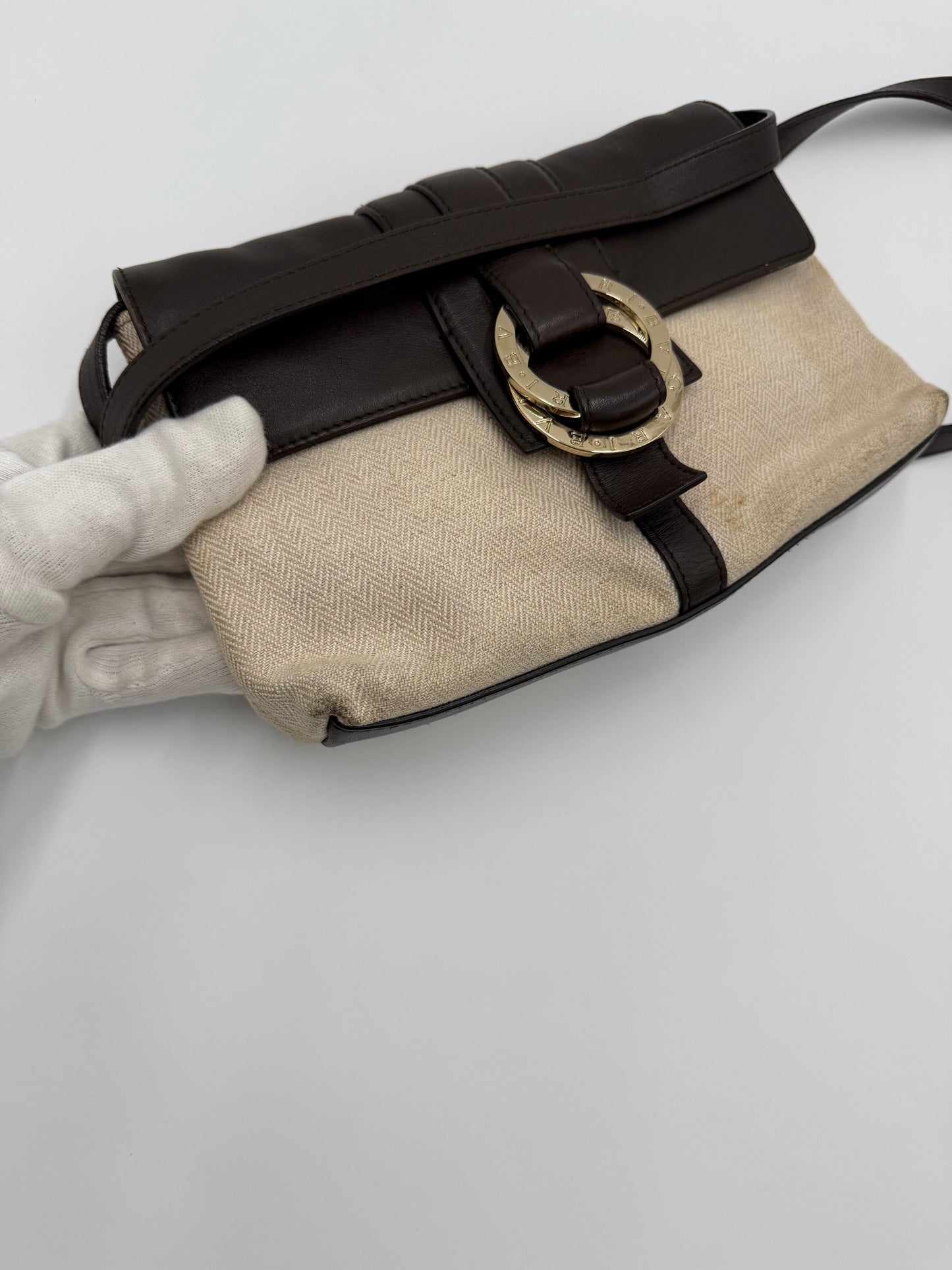 Bulgari Borsa a Spalla in Tela Chevron e Pelle Marrone