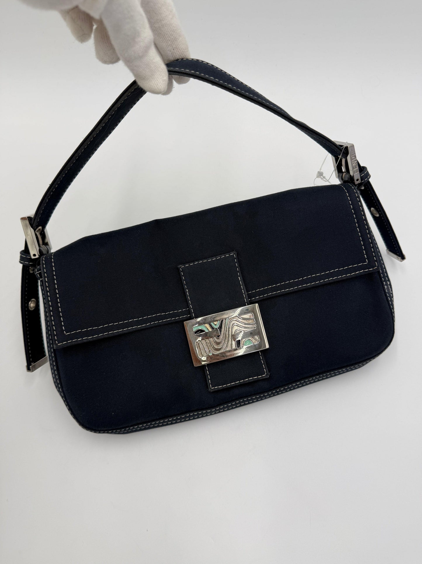 Fendi Vintage Navy Blue Denim Baguette Bag with Contrast Stitching