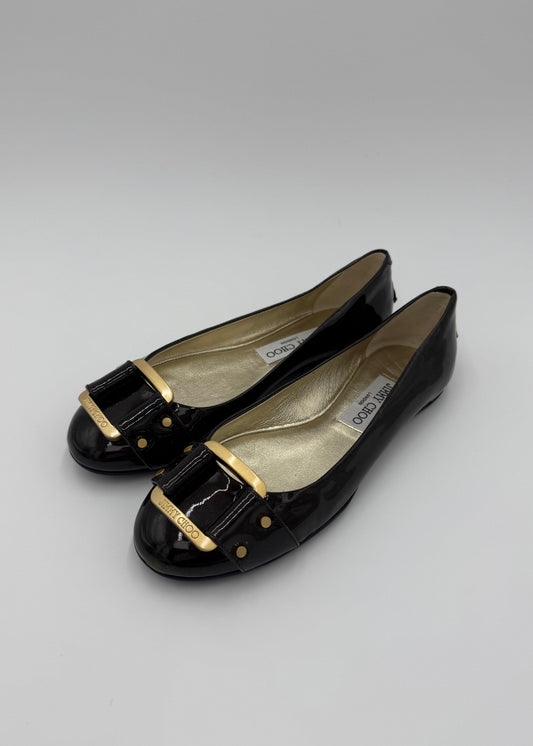 Jimmy Choo Navy Patent Leather Morse Flats with Gold-Tone Details