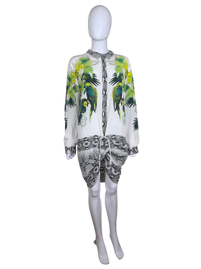 Roberto Cavalli Abito Chemisier in Seta Stampa Tropical e Pitone
