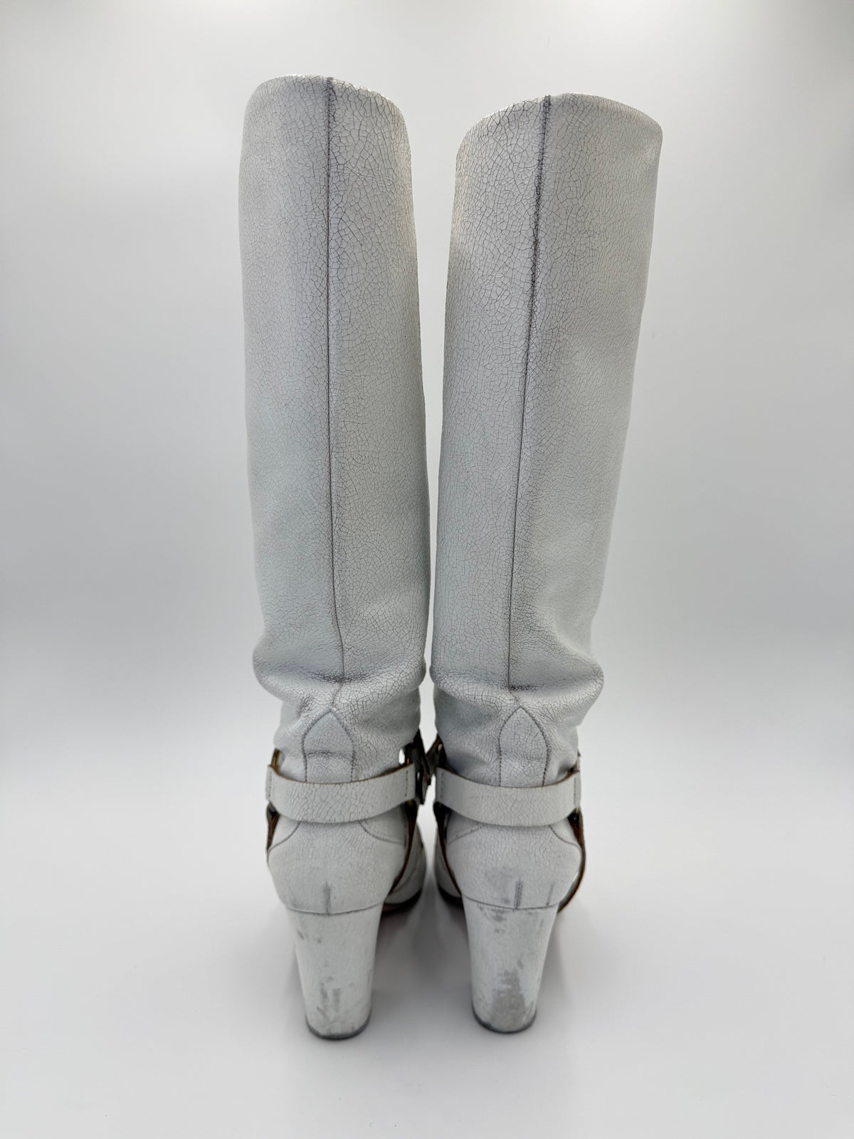 Miu Miu White Crackled Leather Knee-High Boots