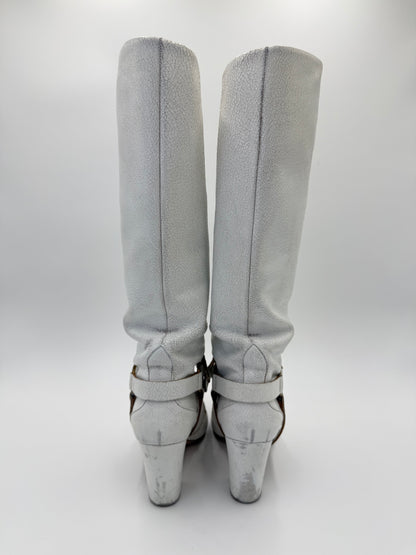 Miu Miu White Crackled Leather Knee-High Boots
