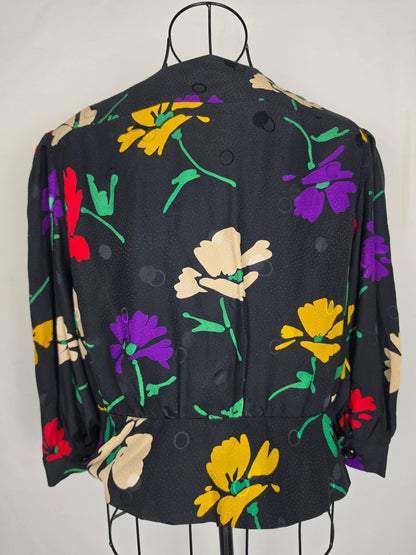 Celine Blusa Vintage in Seta Floral e Jacquard Nera - Pally Vintage Closet