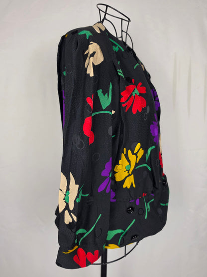 Celine Blusa Vintage in Seta Floral e Jacquard Nera - Pally Vintage Closet