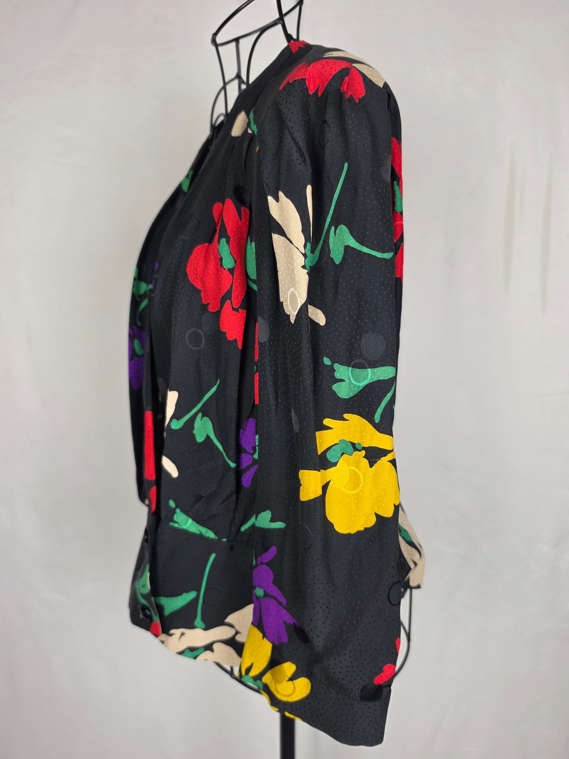 Celine Blusa Vintage in Seta Floral e Jacquard Nera - Pally Vintage Closet