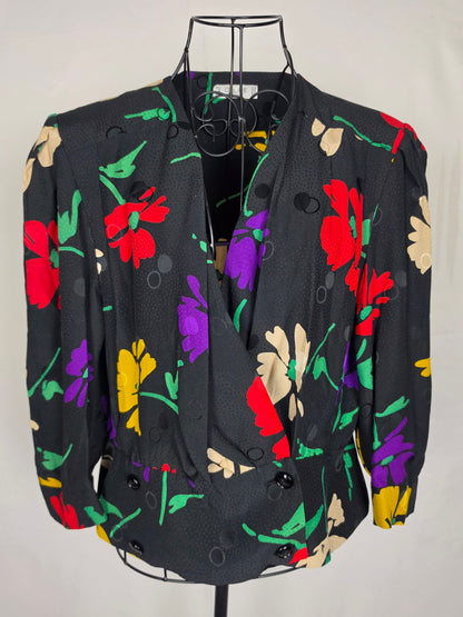 Celine Blusa Vintage in Seta Floral e Jacquard Nera - Pally Vintage Closet