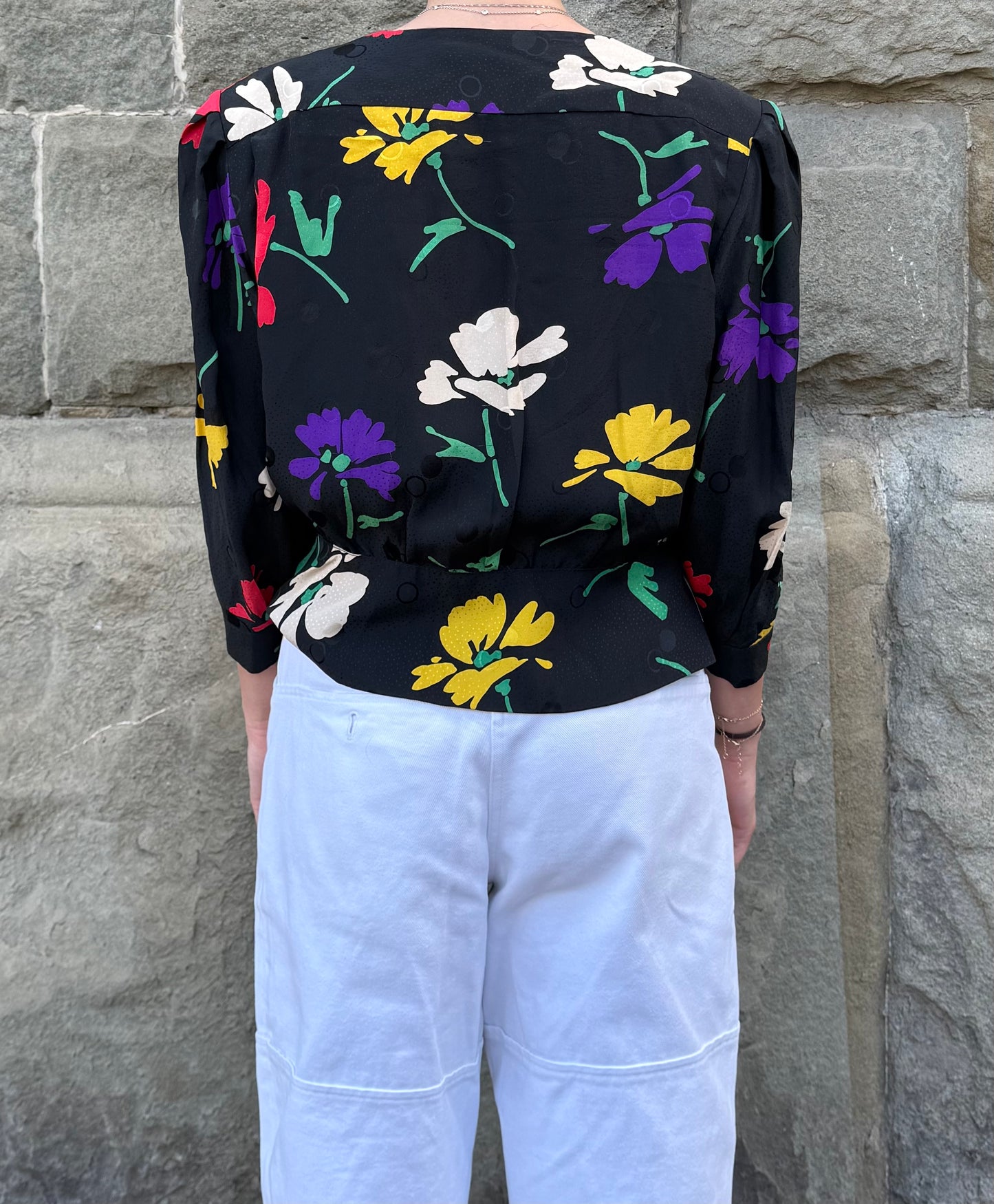 Celine Blusa Vintage in Seta Floral e Jacquard Nera - Pally Vintage Closet