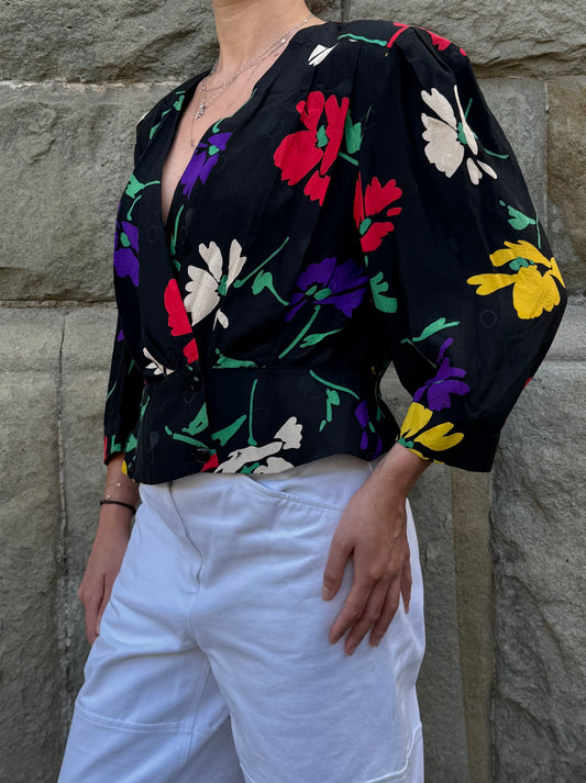 Celine Blusa Vintage in Seta Floral e Jacquard Nera - Pally Vintage Closet