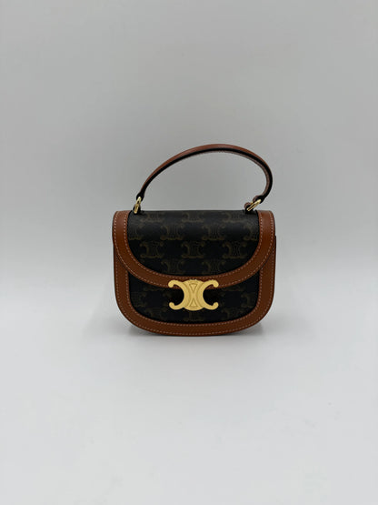 Celine-Mini-Besace-Triomphe-in-Tela-Triomphe-e-Pelle-di-Vitello-Marrone-70263879795012 - Pally Vintage Closet