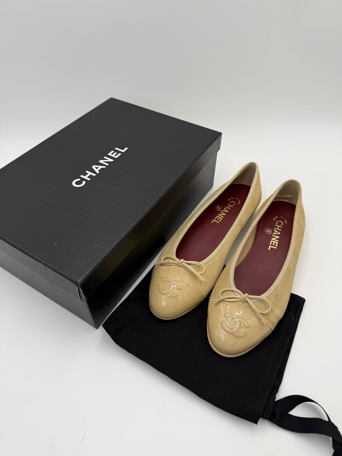 Chanel Beige Suede and Patent Leather Ballerinas