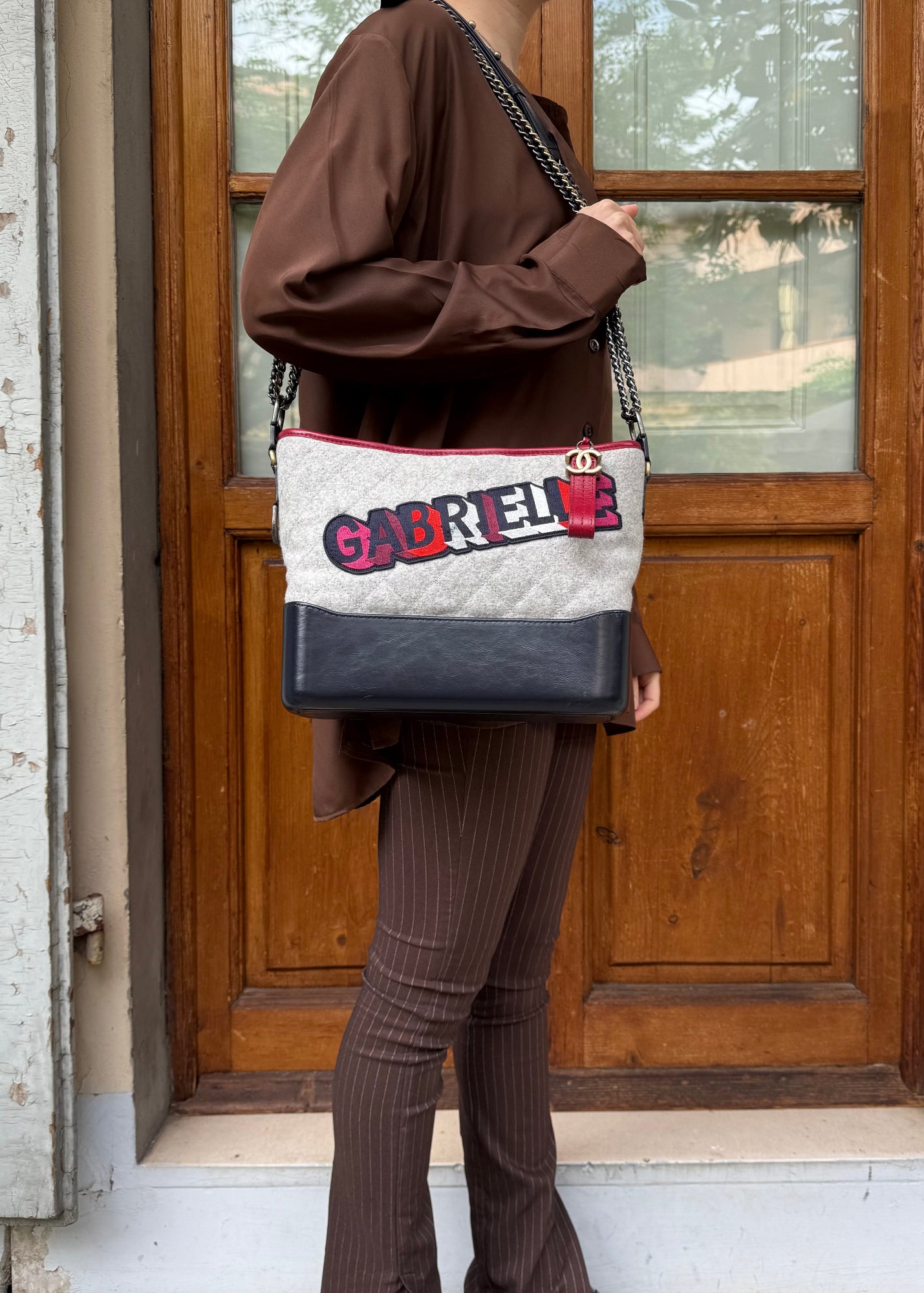 Chanel Borsa Gabrielle in Tweed Grigio e Pelle Blu