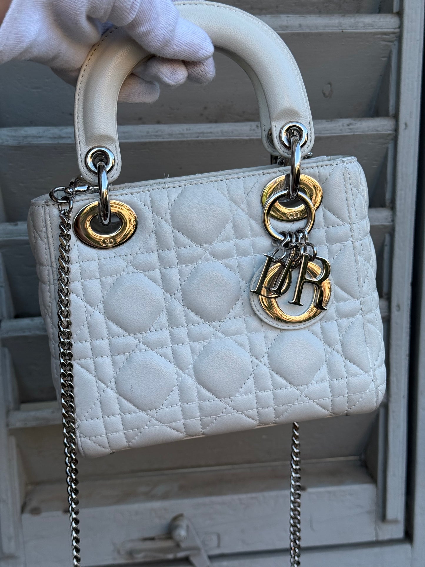 Christian Dior Borsa Lady Dior Mini in Pelle Cannage Bianco