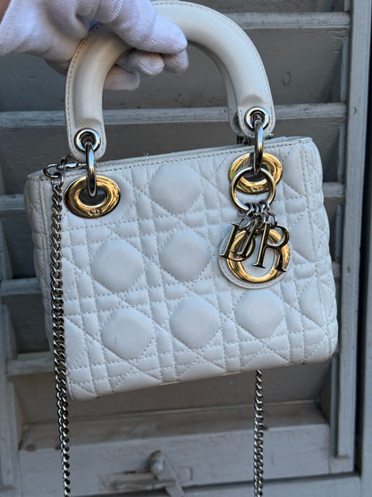 Christian Dior Borsa Lady Dior Mini in Pelle Cannage Bianco