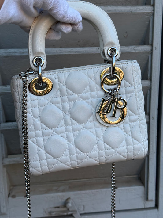 Christian Dior Borsa Lady Dior Mini in Pelle Cannage Bianco - Pally Vintage Closet